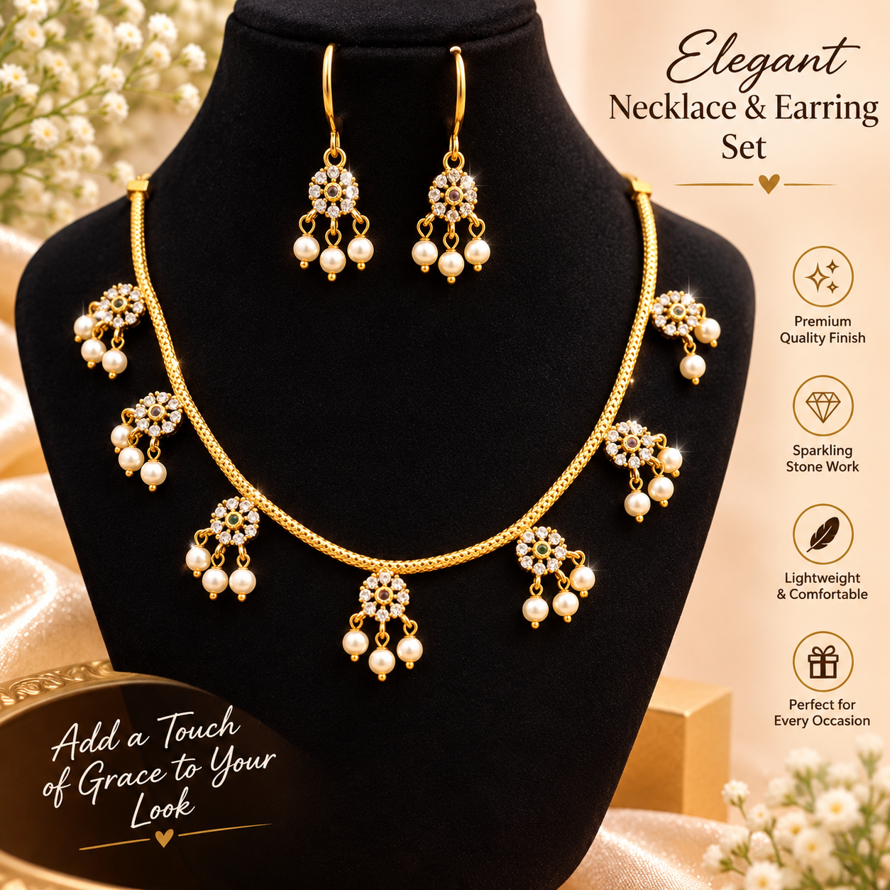 Gold-Tone Floral Pearl Drop Necklace Set