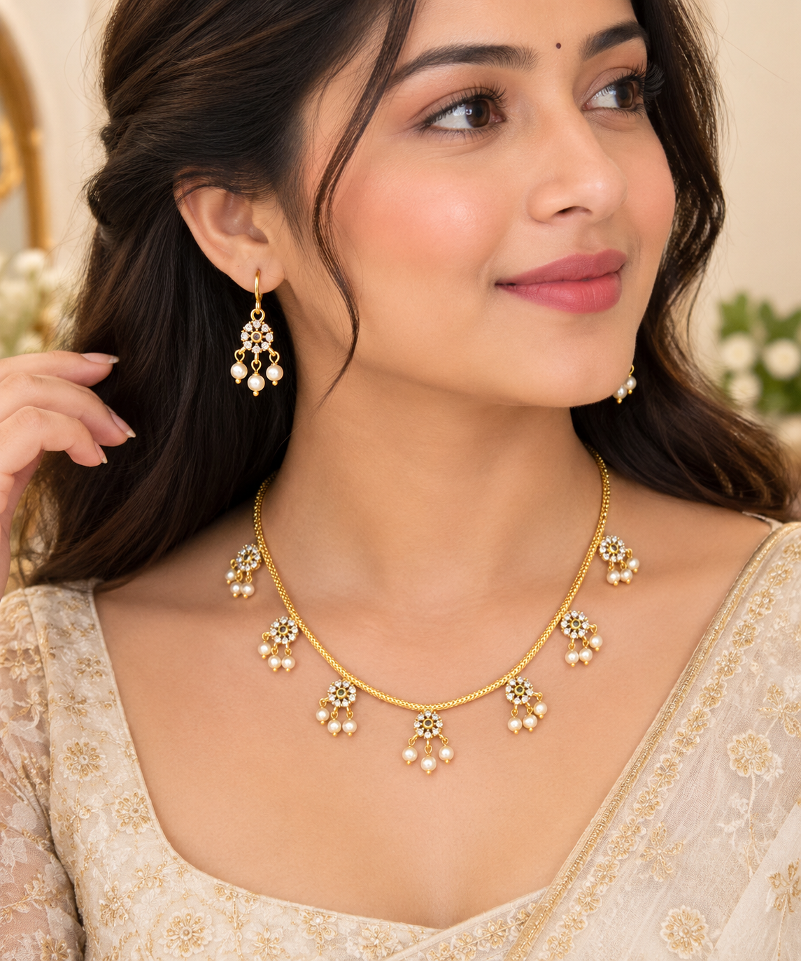 Gold-Tone Floral Pearl Drop Necklace Set — image 2