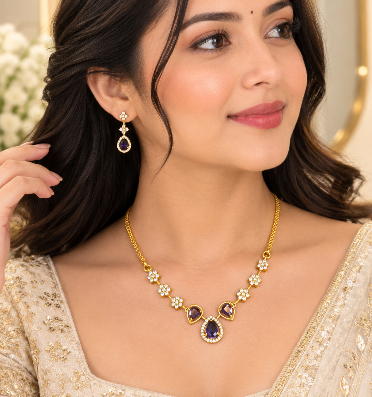 Gold-Tone Purple Teardrop Pendant Necklace — image 2