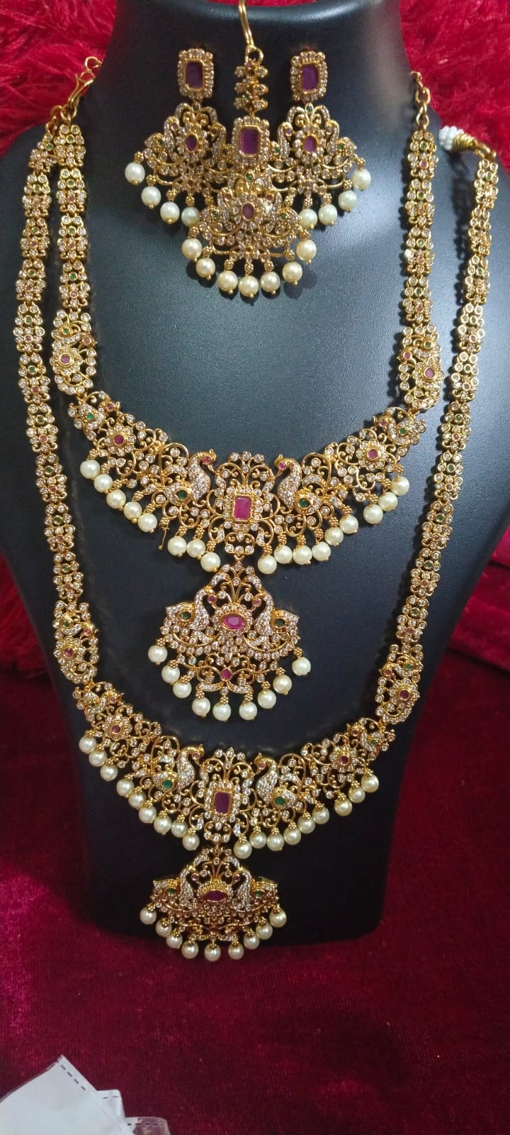 Peacock Maharani CZ Diamond Double Haram Set - Ruby Pearl Special — image 2