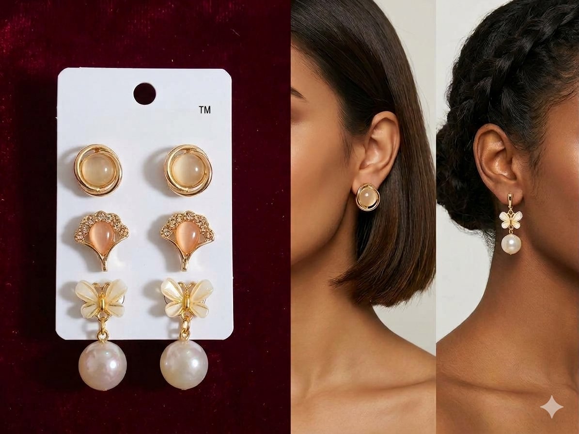 legant 3-Pair Stud & Dangle Earring Combo Set – Vintage Gold, Cat’s Eye & Pearl Drop Statement Earrings