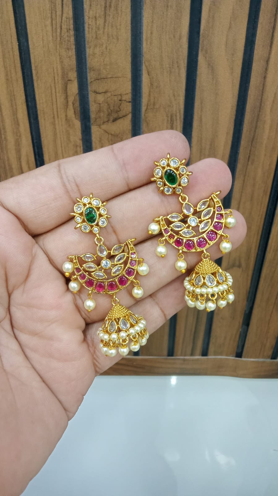 Green-Top Chandbali Jhumka with Pearls