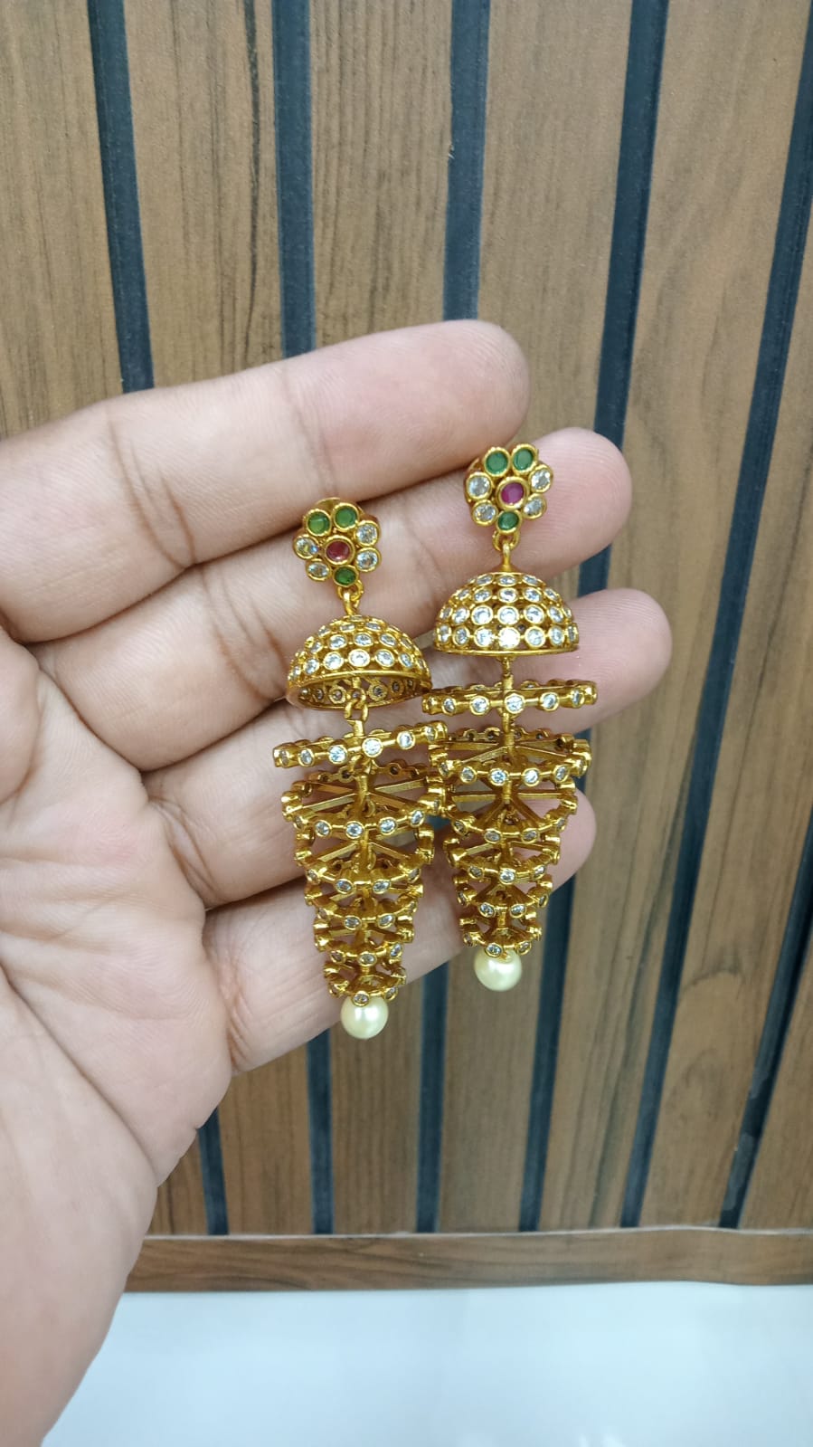 Tiered White-Stone Jhumka Earrings