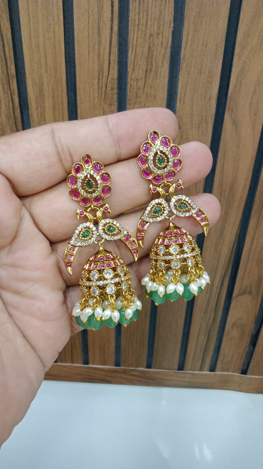 Peacock Jhumka with Green Bead Drop