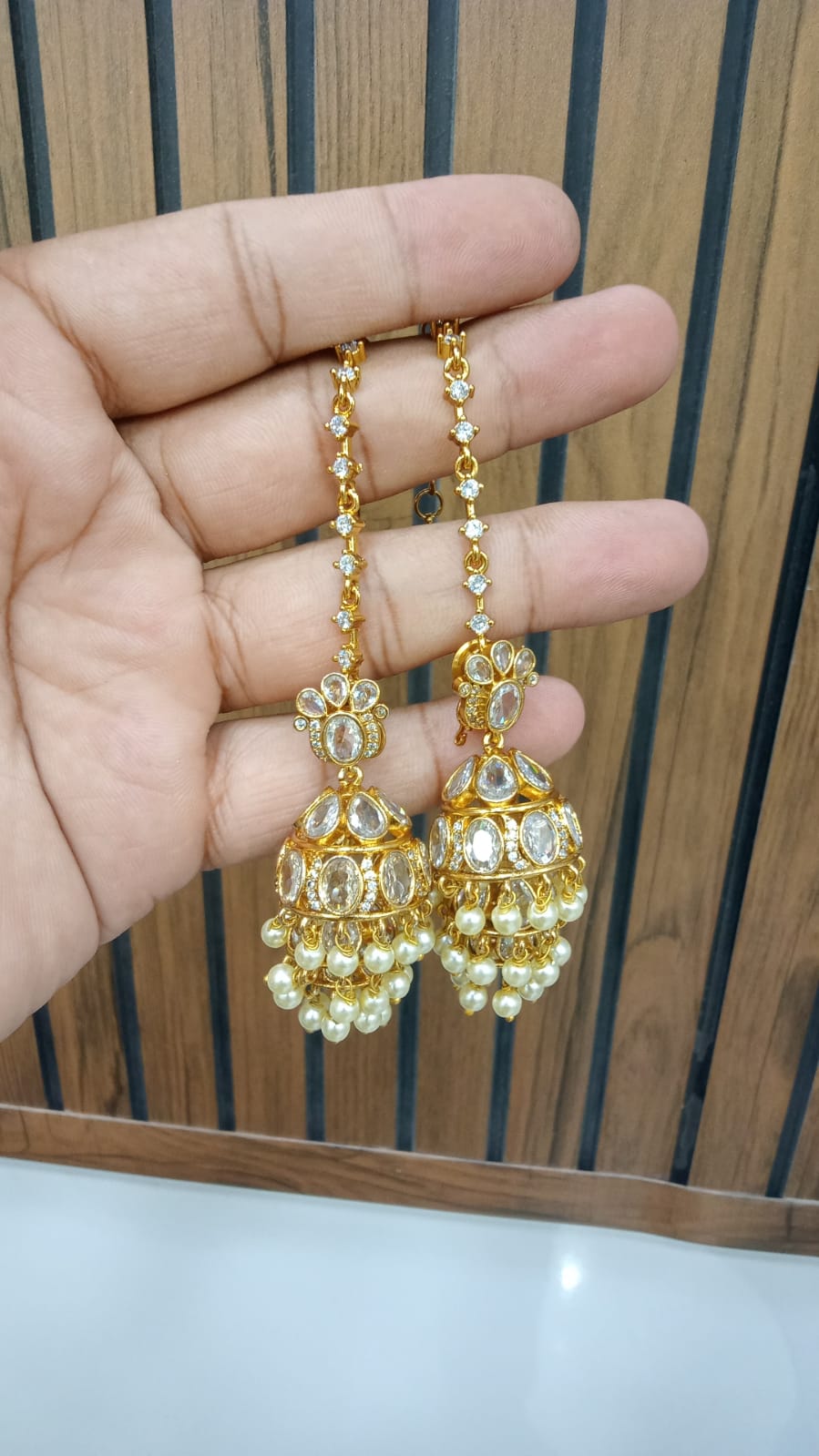 Long Chain Jhumka Earrings with Pearls