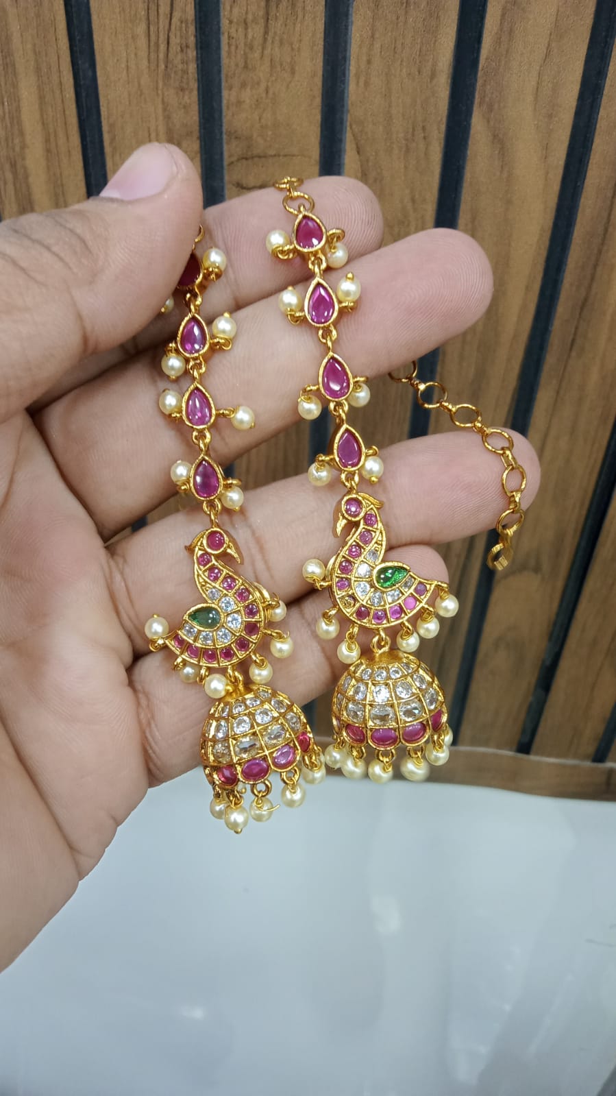 Ruby Peacock Chain Jhumka Earrings with Pearls