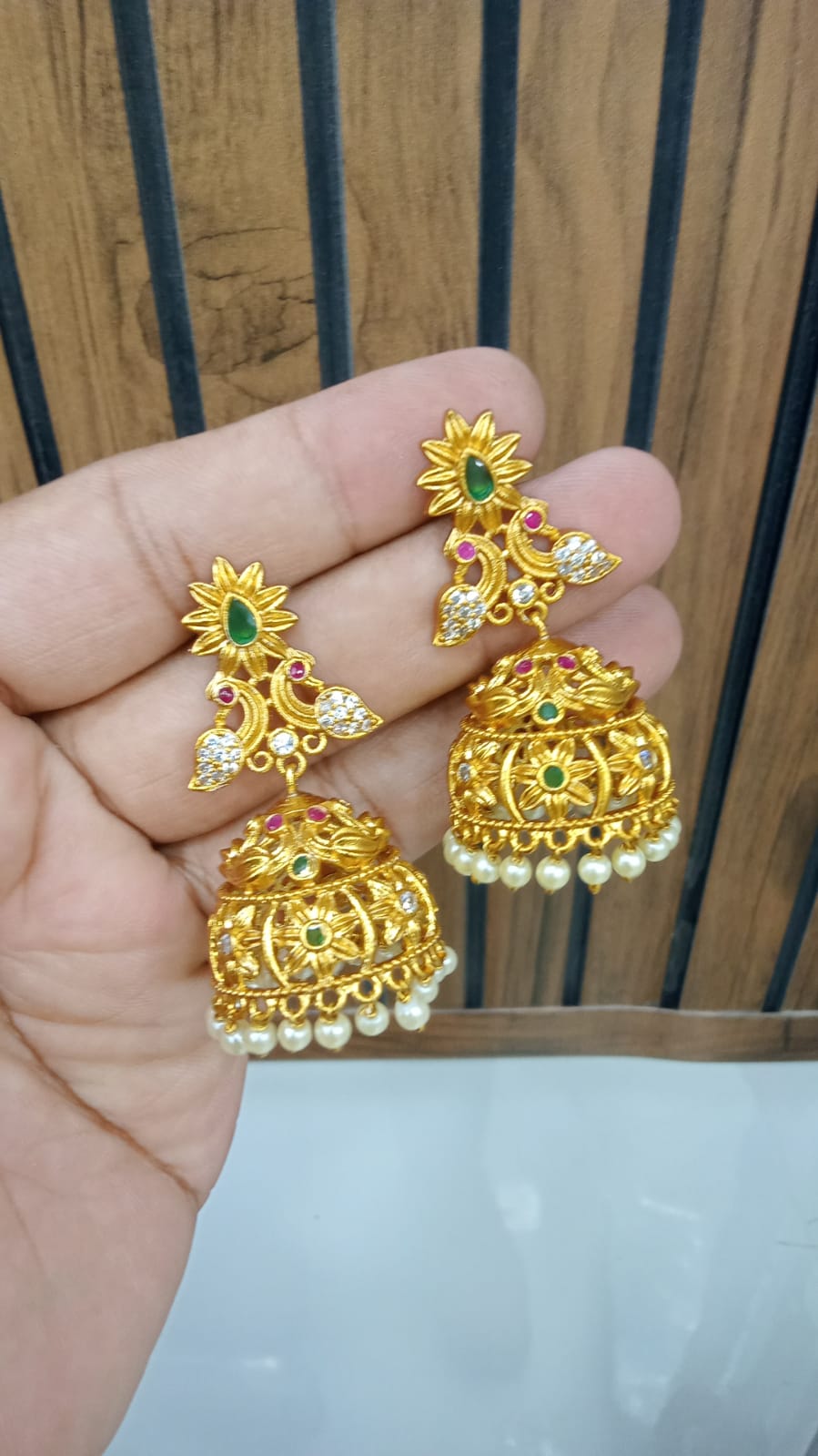Sunflower Peacock Jhumka with Pearl Fringe