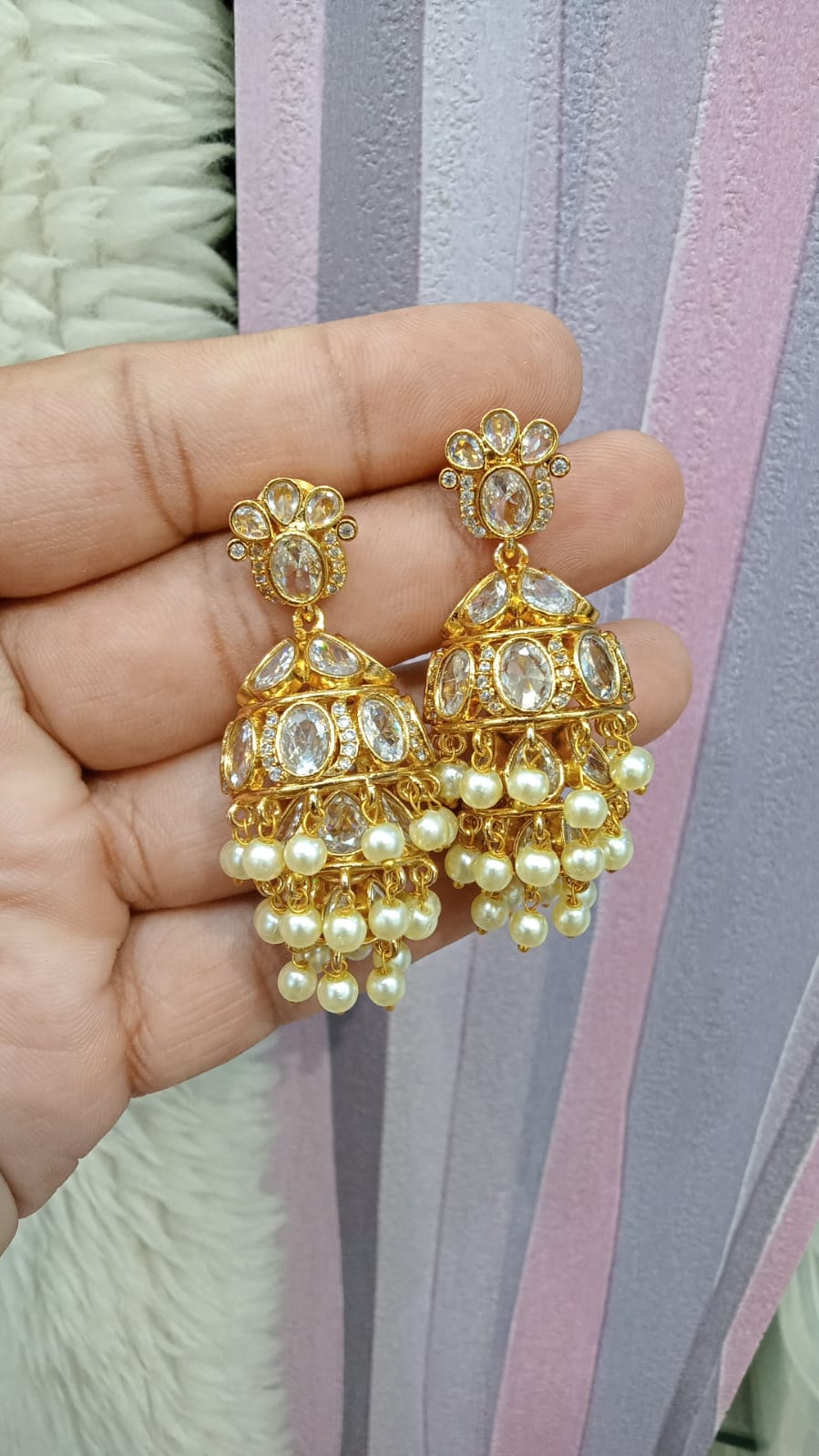 Tiered Clear-Stone Jhumka with Pearl Drop