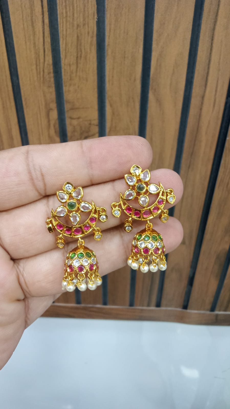 Mini Chandbali Jhumka with Multi-Stone Dome