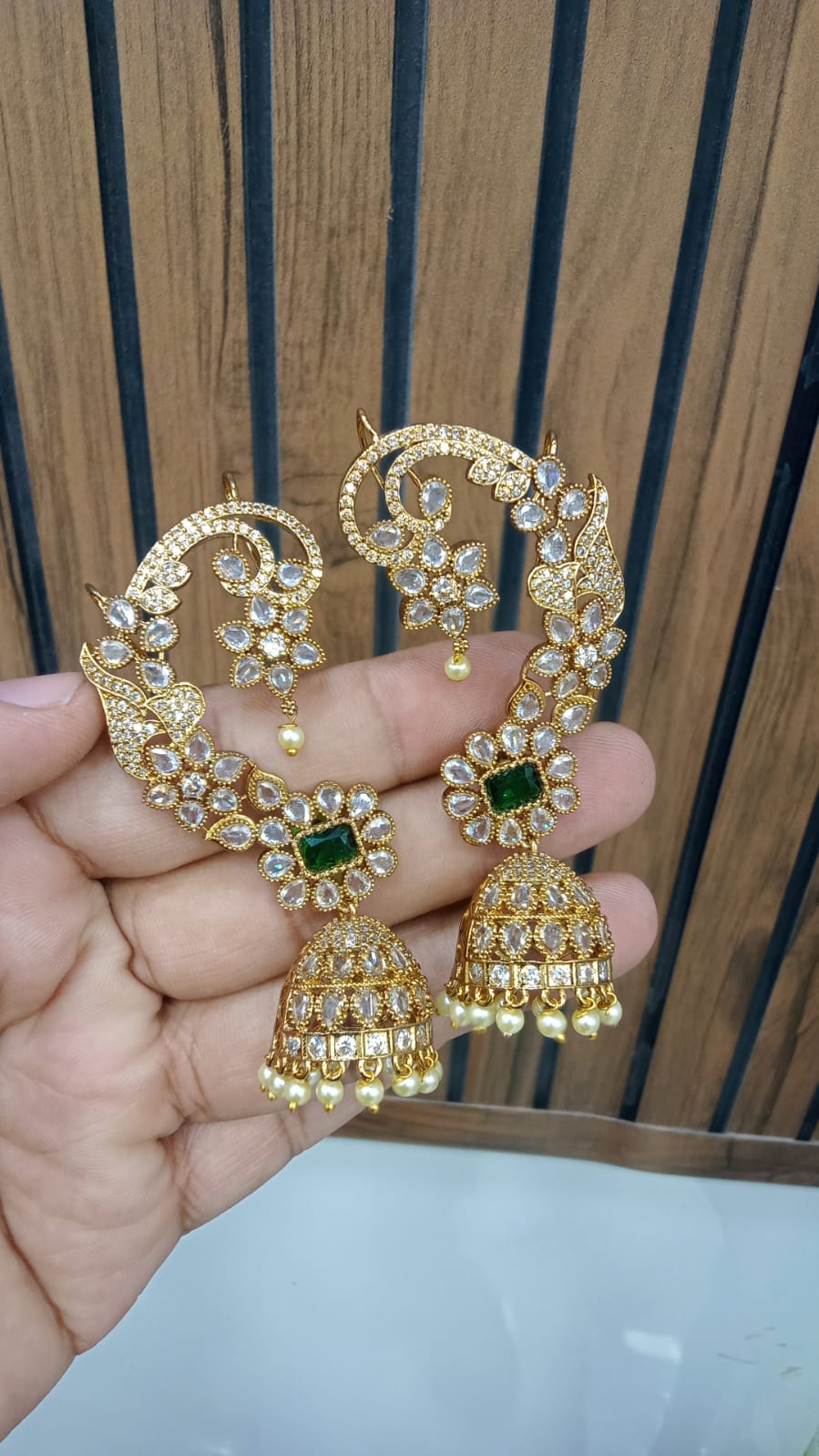 Green-Centre Ear Cuff Jhumka (Pair)