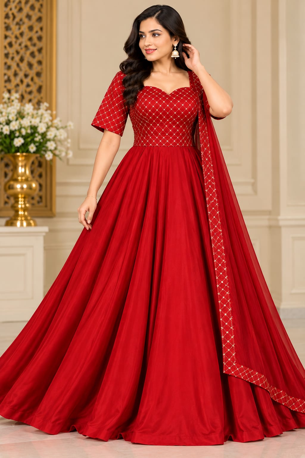 Wine Red Traditional Flare Dress with Dupatta