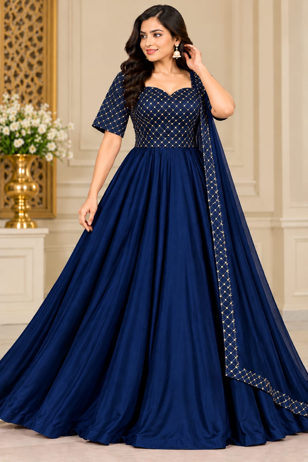 Navy Blue Traditional Flare Dress with Dupatta