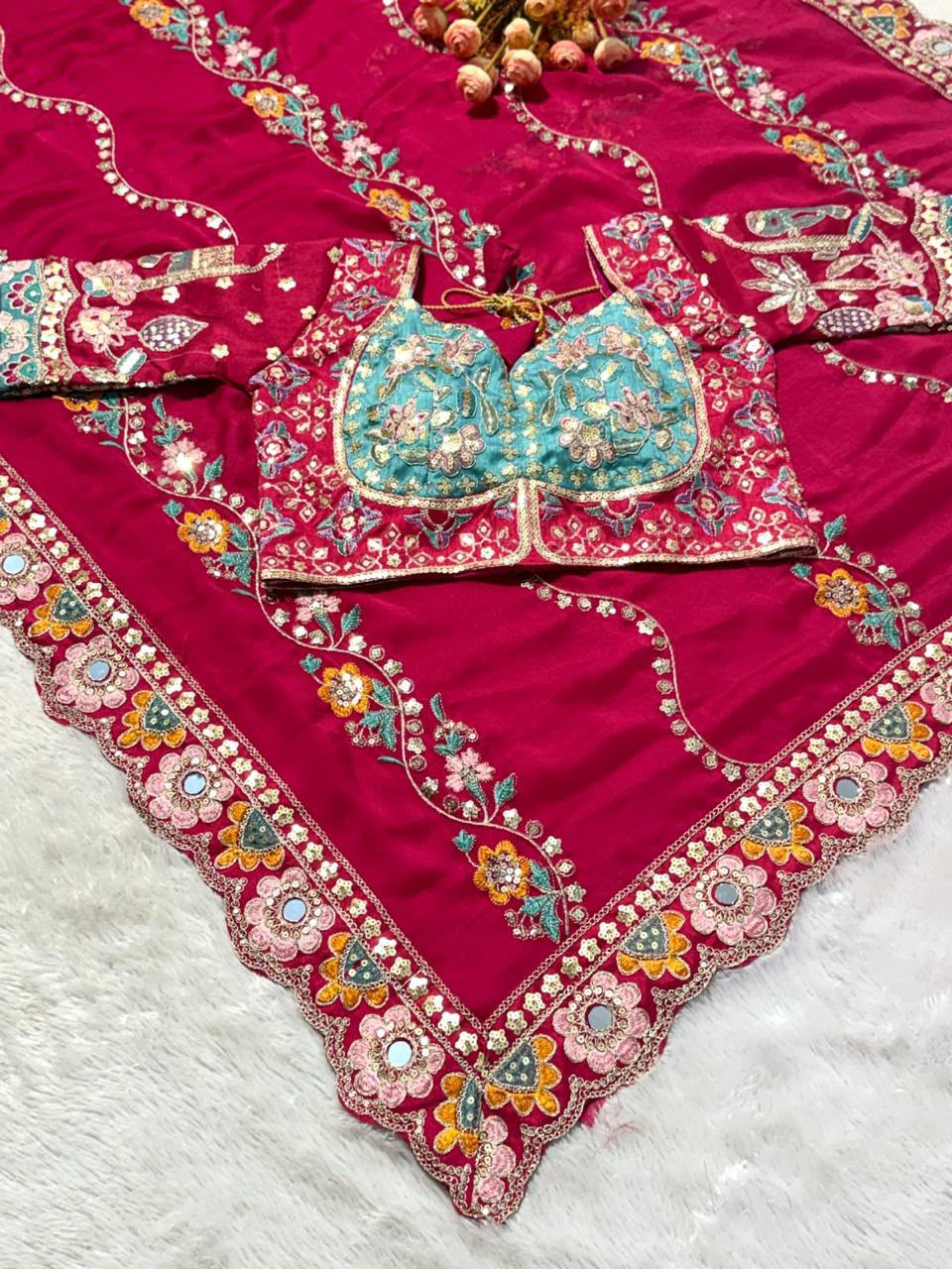 Soft STAR GEORGETTE Saree Multi Sequence HEAVY Emrodairy with Stitched Blouse