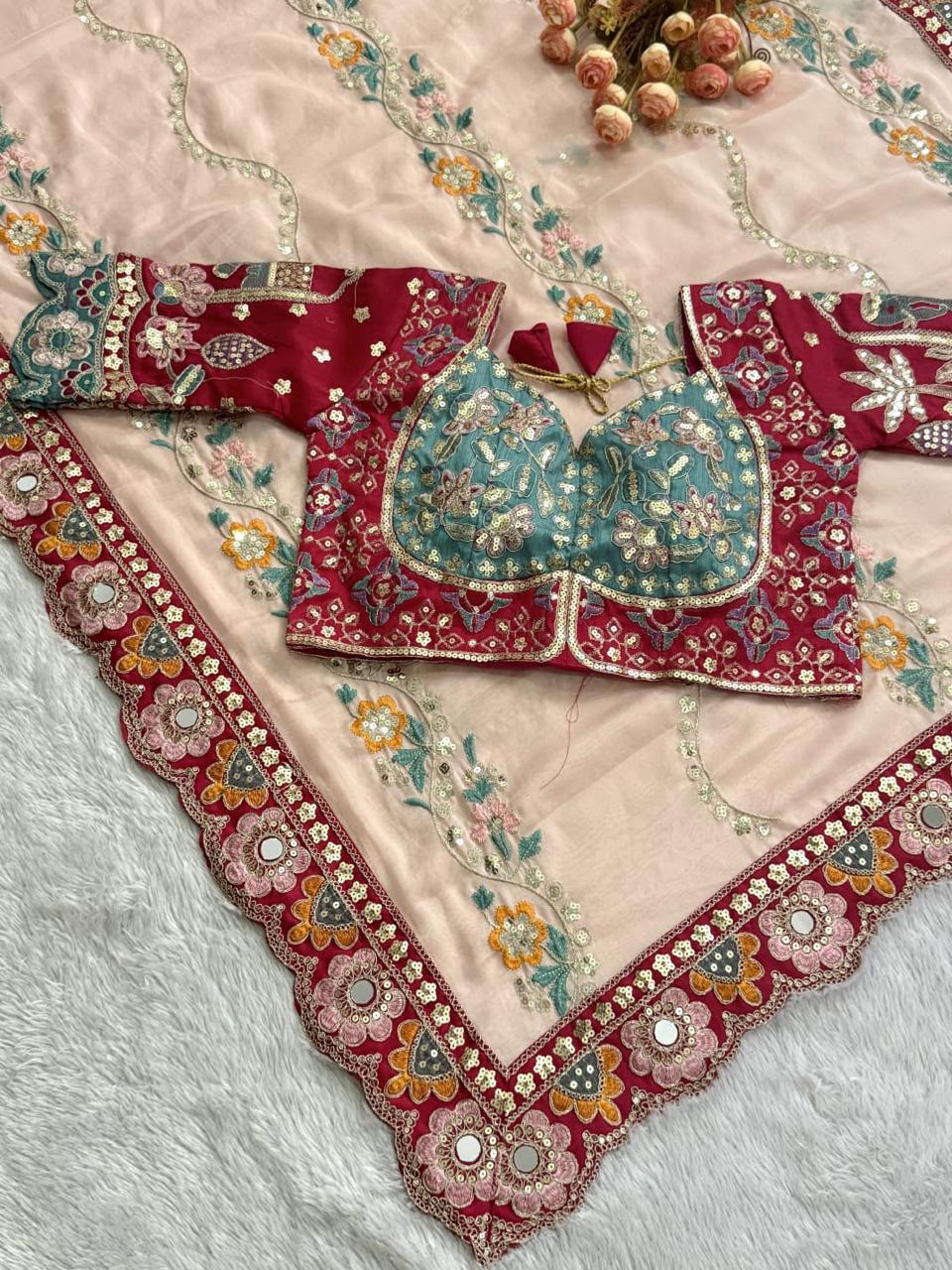 Soft STAR GEORGETTE Saree Multi Sequence HEAVY Emrodairy with Stitched Blouse — image 4