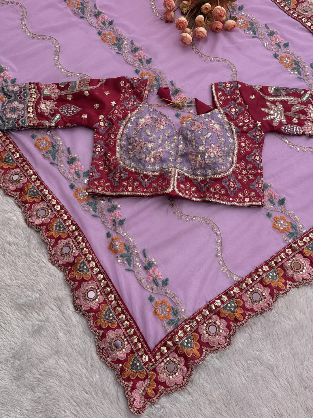 Soft STAR GEORGETTE Saree Multi Sequence HEAVY Emrodairy with Stitched Blouse — image 5